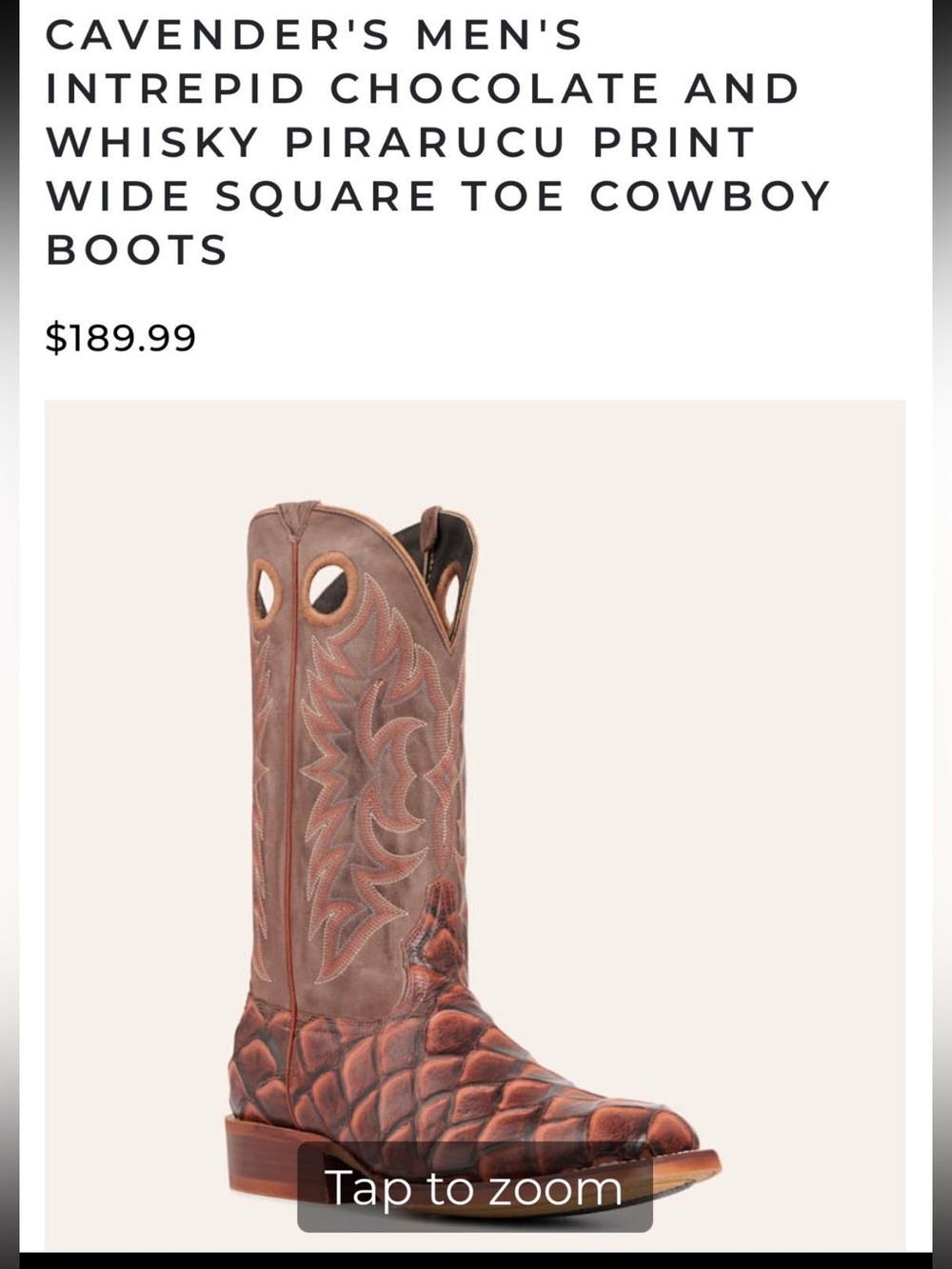 Cavenders Men’s Pirarucu Print Wide Square Roe Cowboy Boots